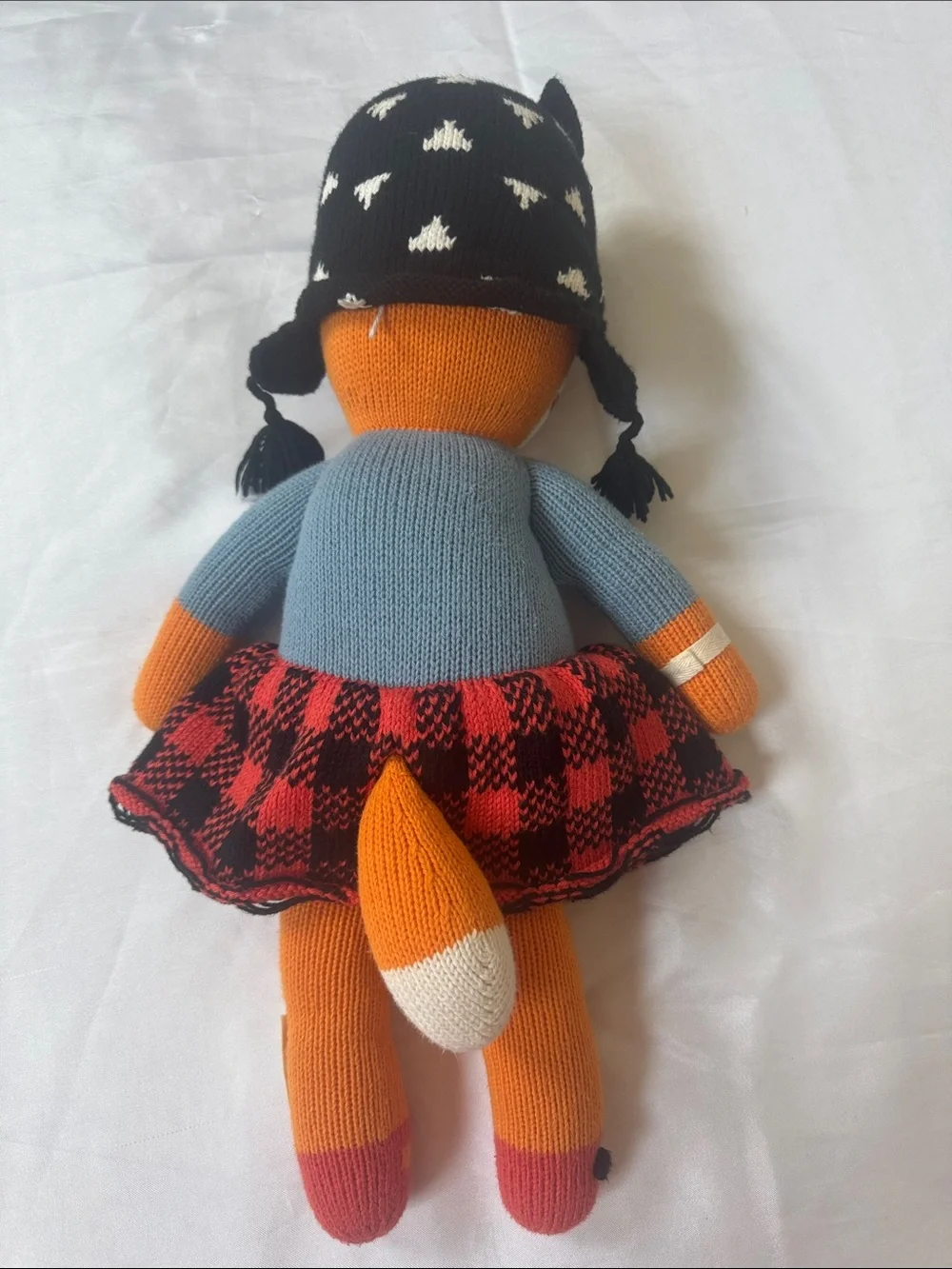 Cuddle +Kind Handmade Orange Fox Knit Doll with Blue Sweater and Black Hat